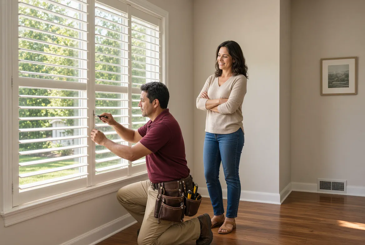 On-site shutter repair of wood plantation shutters in a Los Angeles home